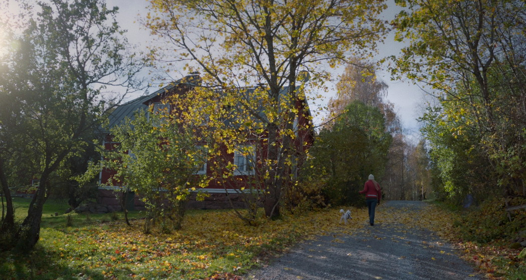 Nainen ulkoiluttaa koiraansa kauniissa syysmaisemissa Raaseporissa.